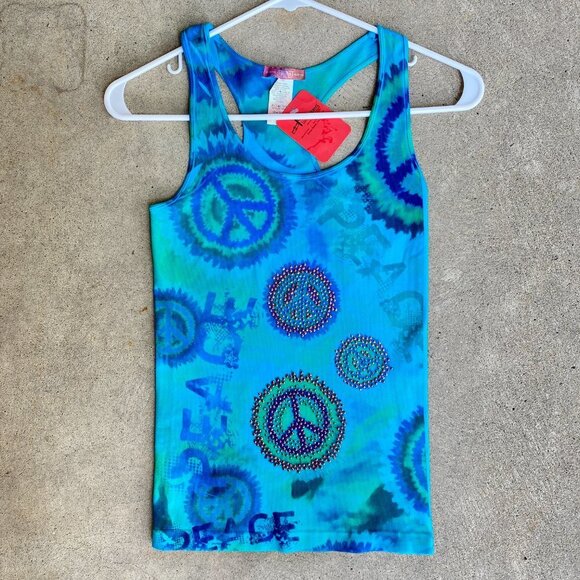 Tie Dye Crystal Encrusted Peace Tank Top - Picture 2 of 11